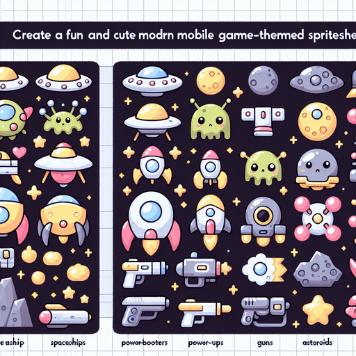 Spritesheet, modern, mobile game, cute, fun.
Including spaceships, UFOs, Guns, Boosters, Powerups, Asteroids..
In-Game asset. 2d. Blank background. High contrast. No shadows.