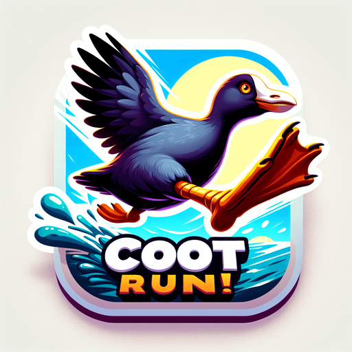 Game icon for a video game called “Coot Run”. Show an American Coot with its wings up and its foot big in the foreground. Show the name of the game big in the center with the coots foot underneath..
Single Game Texture. In-Game asset. 2d. Blank background. High contrast. No shadows.