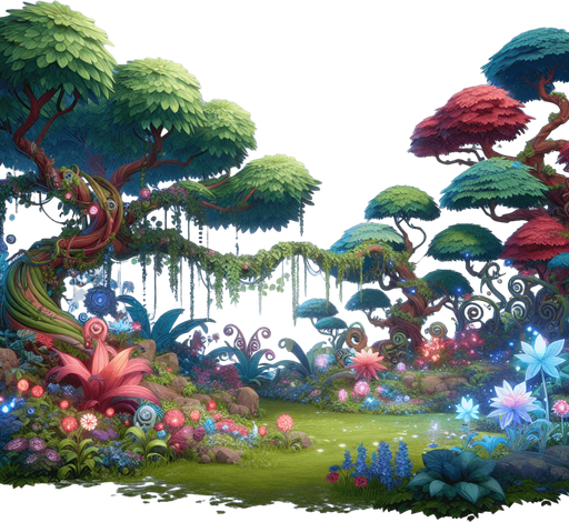 magic forest.
Single Game Texture.  In-Game asset.  2d.  Blank background.  High contrast.  No shadows