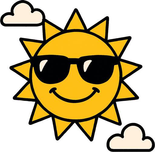 Cielo azul con un sol con lentes de sol.
In-Game asset.  2d.  High contrast.  No shadows