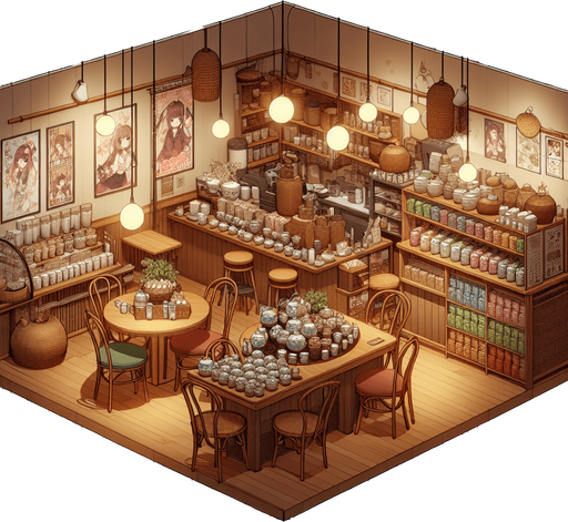 Tea shop interior, anime cafe

Single Game Texture. In-Game asset. 2d. Blank background. High contrast. No shadows.