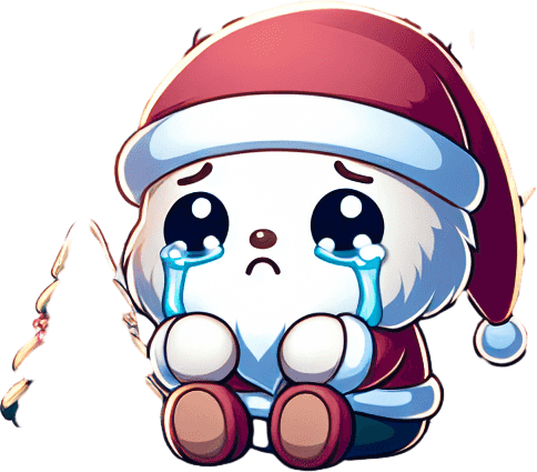 A sad landscape with santa's house, pines, snow, mountains in the back, at night. A cute sad santa crying with big tears in the front. clean feeric style. Background image. 2d. Blank background. Color. High contrast. No shadows.