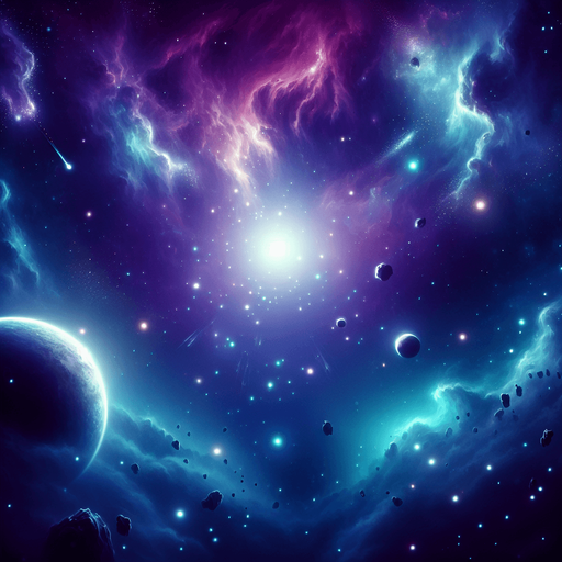 A vibrant and dynamic 2D space background for a top-down space shooter game. The scene features a deep, dark space filled with glowing nebulae in shades of blue and purple, scattered distant stars, and swirling cosmic dust. A subtle parallax effect is suggested with faintly glowing planets and asteroids in the background. The atmosphere is slightly mysterious and futuristic, with soft light gradients to create depth. The overall tone is immersive but does not distract from gameplay, ensuring clear visibility of player and enemy ships..
Single Game Texture.  Blank background.  High contrast.  No shadows