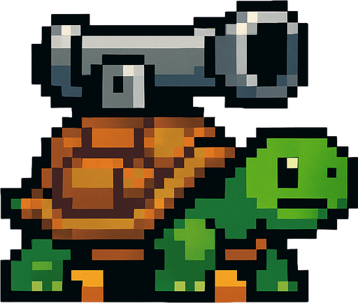 a turtle with a canon on her shell, pixelart.
In-Game asset.  2d.  High contrast.  No shadows