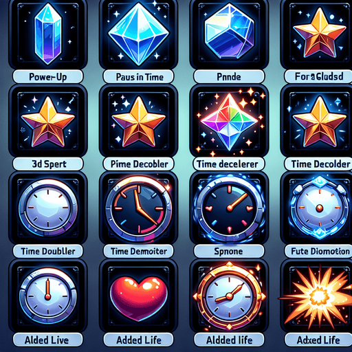 A set of vibrant, game-ready power-up icons designed for a fast-paced slicing game. The icons should have a glossy, high-quality 3D look with a slight glow effect. Each power-up represents a unique ability: a time freeze (ice crystal), a double points booster (golden star), a slow-motion effect (blue clock with a motion blur), an explosion (fiery bomb), and an extra life (red heart). The icons should be visually distinct and optimized for mobile gaming, rendered in 256x256 resolution with a transparent background.".
Single Game Texture.  In-Game asset.  2d.  Blank background.  High contrast.  No shadows