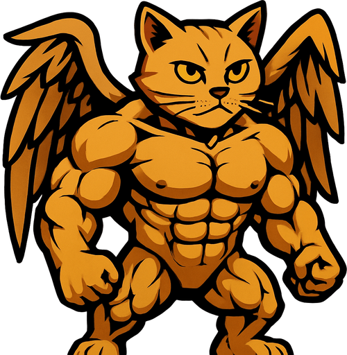 bodybuilder realistic cat with wing.
In-Game asset.  2d.  High contrast.  No shadows