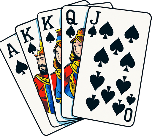 A fanned card hand that shows a royal flush in spades. Anime style.
In-Game asset.  2d.  High contrast.  No shadows