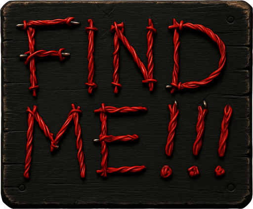 Scary sign have galvanized wires for message with description "find me!!!".red color text
In-Game asset.  High contrast.  No shadows. 3D