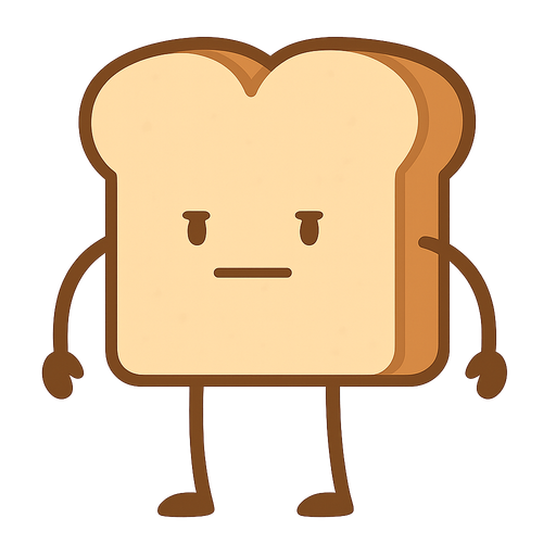 Piece of bread with hands and feet with a serious face. No background. Transparent background. Blank background. No shadows. 2d. In-Game asset. flat