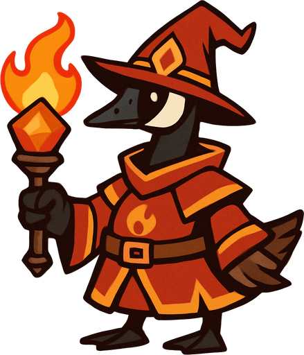A Canadian Goose in Pyro Mage outfit holding a pyro catalyst.
In-Game asset.  2d.  High contrast.  No shadows