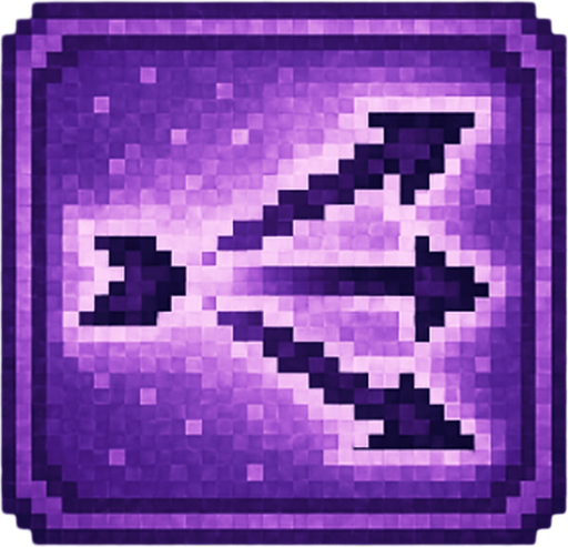 Pixel art of a violet power-up icon with three small arrows or projectiles spreading outward. Represents multishot power in a retro-style game. Glowing, pixelated square icon.
In-Game asset.  2d.  High contrast.  No shadows