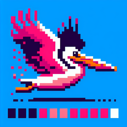 8-bit profile of pelican flying straight.
Single Game Texture. In-Game asset. 2d. Blank background. High contrast. No shadows.