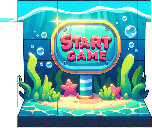Game start sign. cartoon, shiny, underwater theme. "START GAME".
Single Game Texture. In-Game asset. 2d. Blank background. High contrast. No shadows.