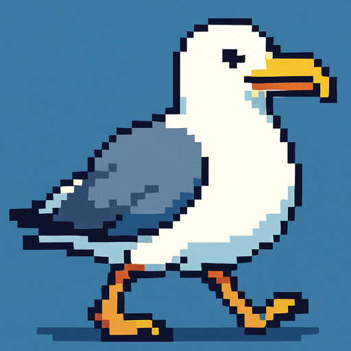 very big seagull looking to the right, pixelart, walking.
In-Game asset.  2d.  High contrast.  No shadows
