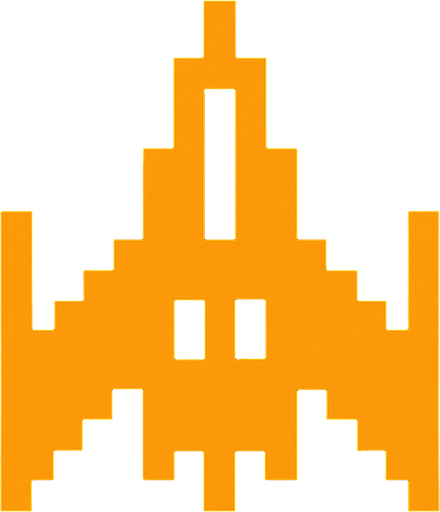 It's a spaceship made of orange pixels, reminiscent of arcade games..
In-Game asset.  2d.  High contrast.  No shadows