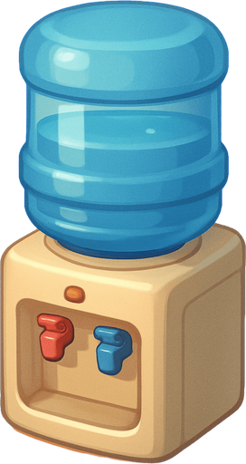 A water cooler. Cute soft graphics. soft ambient light. semi-matte to satin surfaces. naturalistic with slight saturation boost colors. 
In-Game asset.  2d.  High contrast.  No shadows. top down..
In-Game asset.  2d.  High contrast.  No shadows