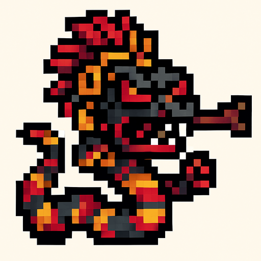 Genérame una Serpiente coral guerrero azteca con eso patrones, estilo pixelar, con una apariencia maligna, ojos rojos, rabioso. Unidad a distancia, con cerbatana. Animal.
In-Game asset.  2d.  High contrast.  No shadows