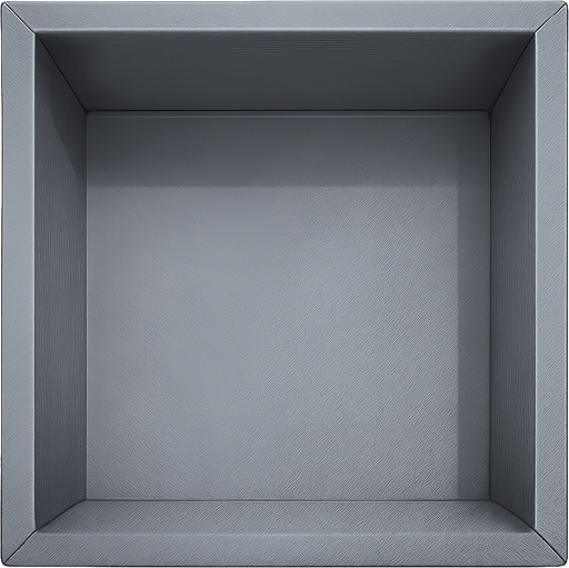 “Top-down view of a steel box with a smooth metallic surface, subtle reflections, and sharp clean edges. The box should appear sturdy and industrial, with a slightly brushed texture on the steel. Lighting highlights the metal’s cool gray color and gives depth to the edges. Minimal shadows inside the box, set against a plain light background.”. No background. Transparent background. Blank background. No shadows. 2d. In-Game asset. flat