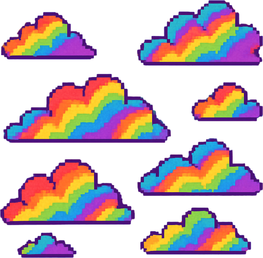 Rainbow sky background, colorful clouds with rainbow stripes, magical atmosphere, vibrant colors, 2D pixel art.
In-Game asset.  2d.  High contrast.  No shadows