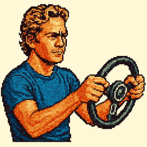 Paul walker holding a car wheel as if he's driving. vintage retro 1980 style. 3/4 view. pixelated. 8 bit. Single Game Texture. In-Game asset. 2d. Blank background. High contrast. No shadows.