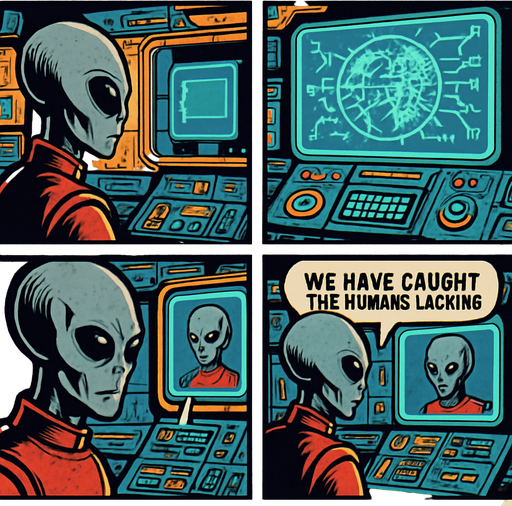"Comic book style 4 panels of grey alien commander receiving transmission on holographic display showing Earth's internet infrastructure map,  text bubbles saying ' we have caught the humans lacking' , sci-fi comic book technology designs".
In-Game asset.  2d.  High contrast.  No shadows