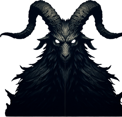 demon goat staring.
Single Game Texture. In-Game asset. 2d. Blank background. High contrast. No shadows.