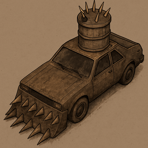 A Mad Max style car will be old and will have a metal spiked plate on the front and will have a top view of the car