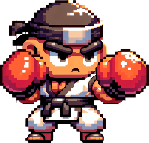 Fighter with 2 fight gloves, full body, mini fighter, big head, chibi.
Single Game Texture. In-Game asset. 2d. Blank background. High contrast. No shadows, detailed pixel art style