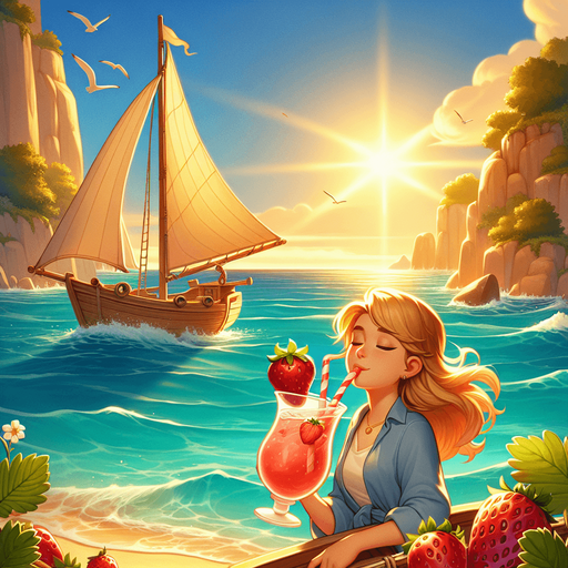 An idyllic llustration of a beach cove where a blnd girl in a strawhat i en joying an enormous strawberry drink on her sailing boat as the sun sets. Clean game art illustration style..
Single Game Texture. In-Game asset. 2d. Blank background. High contrast. No shadows.