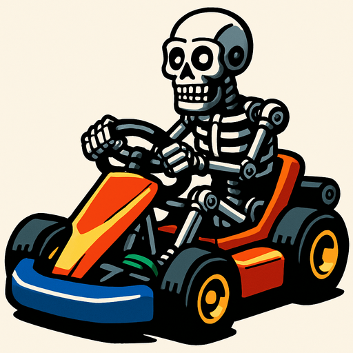 Un endoesqueleto animatronico en un kart.
In-Game asset.  2d.  High contrast.  No shadows