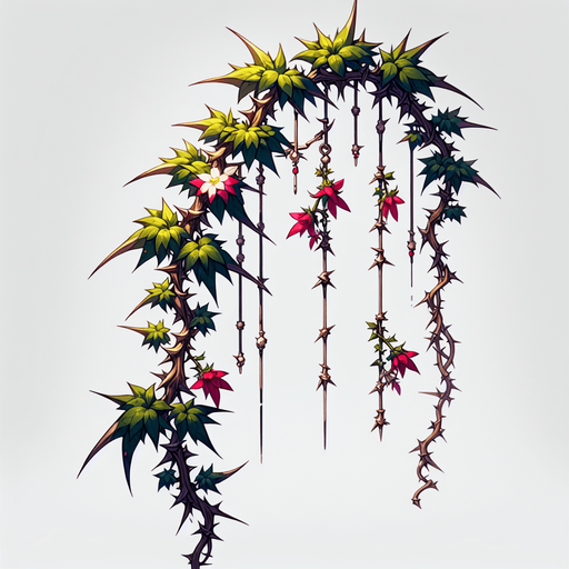a single wildvine with spikes and flowers dangling..
Single Game Texture. In-Game asset. 2d. Blank background. High contrast. No shadows.