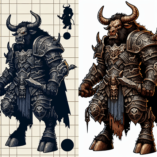 2D armored evil minotaur.
Single Game Texture.  In-Game asset.  2d.  Blank background.  High contrast.  No shadows