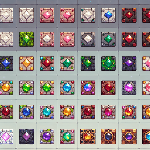 A spritesheet with different mystical floor tiles from a magical realm, each inlaid with bright gemstones of different colors. The tiles should be in the same basic style, with either a granite or other rock basis beneath the gemstones. The spriteshett should be laid out in a rectangular grid with empty space between each tile. The following colors of gemstones must be present: white, pink, green, red, blue, yellow, purple, brown, gray and orange.
Single Game Texture. In-Game asset. 2d. Blank background. High contrast. No shadows.