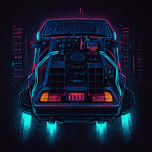 DeLorean hover car, seen from behind
Neon-lit, cyberpunk city aesthetic. Glowing accents and retro-futuristic mods. Top-down view, GTA2 style. Single Game Texture. In-game asset. 2D pixel art. Transparent background. High contrast. No shadows. Isometric perspective. Synthwave vibe with flickering lights and digital noise textures.