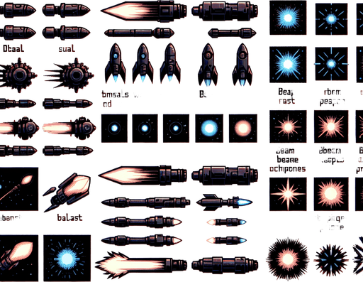 A spritesheet of various laser and space gun turret shots, including dual shots, rays and projectiles for a space game..
Single Game Texture. In-Game asset. 2d. Blank background. High contrast. No shadows.