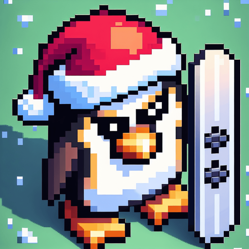 angry penguin snowboarder wearing a red santa hat. top-view. gta 2. seen from above. Single Game Texture. In-Game asset. 2d. Blank background. High contrast. No shadows. pixelated. 8 bit
