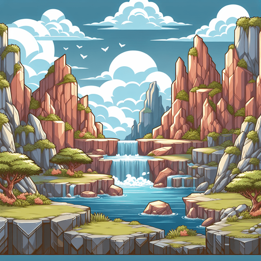 bg of rocks waterfall.
Single Game Texture.  In-Game asset.  2d.  Blank background.  High contrast.  No shadows