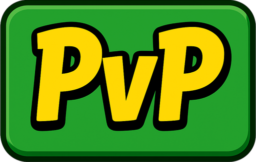 A 3:2 ratio rectangular green button that says “PvP” using this yellow font.