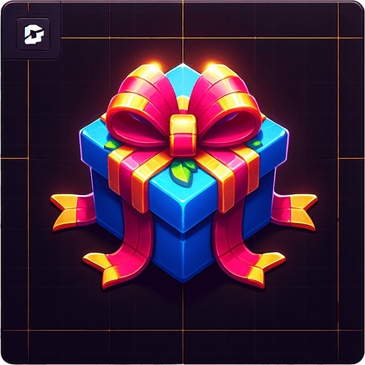 gift wrapped box, bright colours. with bow on top Single Game Texture. In-Game asset. 2d. Blank background. High contrast. No shadows. Single Game Texture.