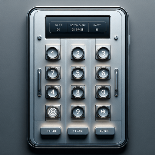 A clean and minimalistic mobile app interface for cracking a digital safe, designed with modern web design best practices. The centerpiece of the screen is a 3x4 grid with 12 square buttons, evenly spaced and aligned, resembling a secure keypad. Each button has a flat, modern design with sharp edges, soft shadows, and bold numbers (0-9) along with 'Clear' and 'Enter' buttons on the bottom row.

Above the keypad, there is a rectangular display screen where entered digits appear, styled with a dark background and crisp, glowing white text to evoke a secure, high-tech feel. The interface includes subtle visual cues of a safe-cracking theme, such as a faint metallic texture in the background or a subtle outline of a safe door around the display.

The overall layout is intuitive and professional, using a neutral color palette with subtle accents like light grey buttons and soft hover or press effects. The design is uncluttered and functional, balancing simplicity with a sleek aesthetic that.
Single Game Texture. In-Game asset. 2d. Blank background. High contrast. No shadows.