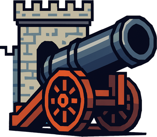 castle gun, siege gun, pixel art.
In-Game asset.  2d.  High contrast.  No shadows