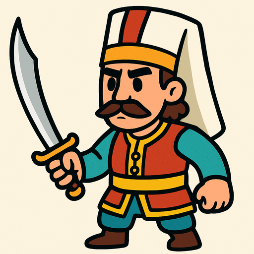 Animasyon çizgi dizi tarzında elinde kılıç olan bir osmanlı yeniçerisi.
In-Game asset.  2d.  High contrast.  No shadows