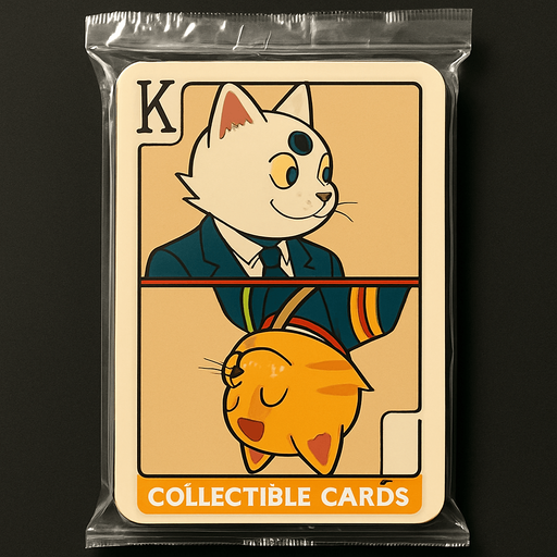 A booster pack of collectible cards in the plastic packaging. On the package is a picture of these two cats as if they are the King on a card in a deck of regular playing cards. The white one is on top facing left and the bottom one is the mirror facing right, side profile, just like a king on a regular playing card. There is a K in the top left corner to mark the King, but no suit.