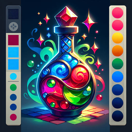 A potion bottle or flask swirling with multiple distinct colors (red, blue, green)..
Single Game Texture.  In-Game asset.  2d.  Blank background.  High contrast.  No shadows