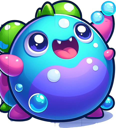 tatlış yaratık mavi yeşil mor pembe renklerinde.
Single Game Texture.  In-Game asset.  2d.  Blank background.  High contrast.  No shadows