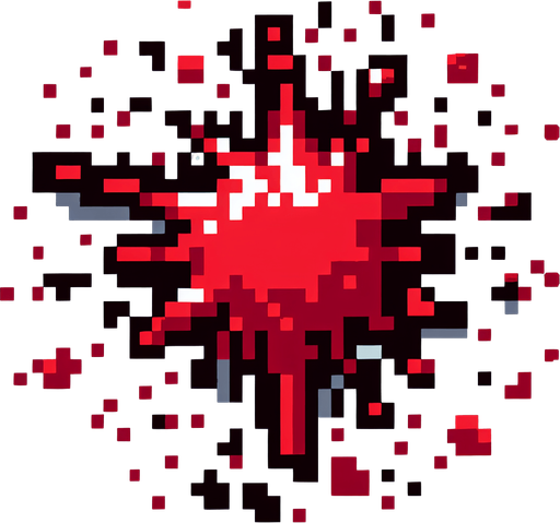 16 bit sprite of a blood splatter Single Game Texture. In-Game asset. 2d. Blank background. High contrast. No shadows.