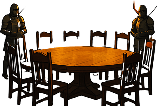 A medieval council chamber with a round oak table, banners of noble houses, armored guards, high windows filtering in golden light, reailstic.
In-Game asset.  2d.  High contrast.  No shadows