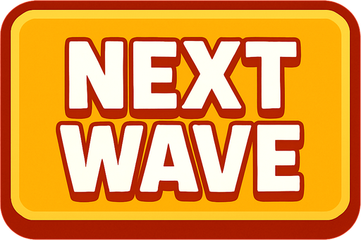 A large rectangular button with Text on it that says: NEXT WAVE.
In-Game asset.  2d.  High contrast.  No shadows