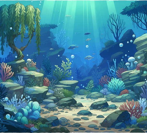 undersea olants rocks etc but no fish.
Single Game Texture. In-Game asset. 2d. Blank background. High contrast. No shadows.