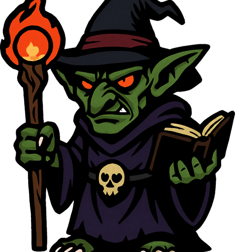 karanlık büyücü goblin.
In-Game asset.  2d.  High contrast.  No shadows